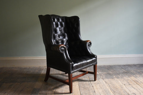 Georgian Black Leather-Upholstered Wingback Armchair