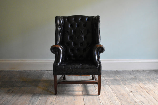 Georgian Black Leather-Upholstered Wingback Armchair