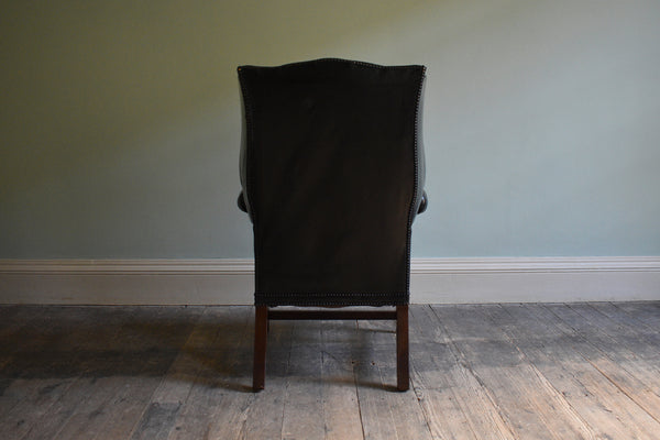 Georgian Black Leather-Upholstered Wingback Armchair