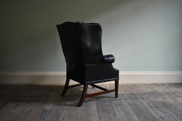 Georgian Black Leather-Upholstered Wingback Armchair