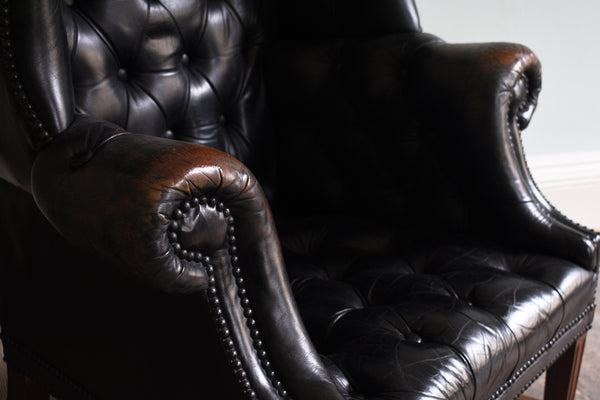 Georgian Black Leather-Upholstered Wingback Armchair