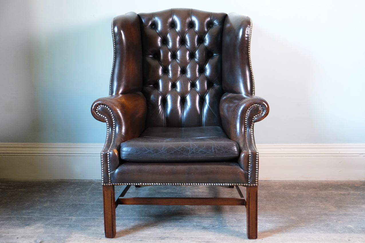 Georgian Brown Leather-Upholstered Wingback Armchair