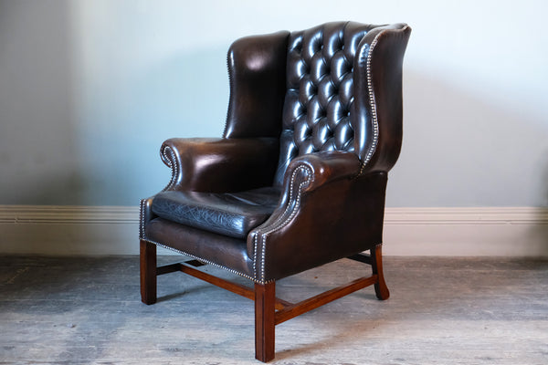 Georgian Brown Leather-Upholstered Wingback Armchair