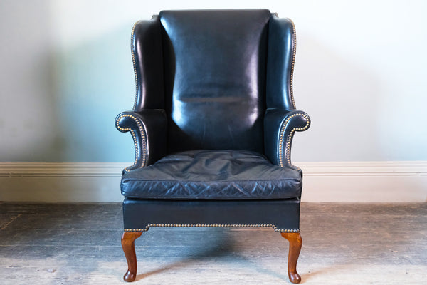 Georgian Black Leather-Upholstered Wingback Armchair