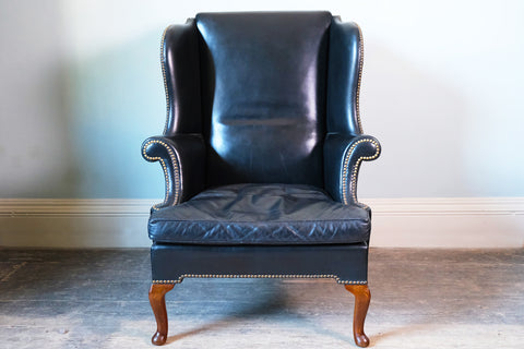 Georgian Black Leather-Upholstered Wingback Armchair