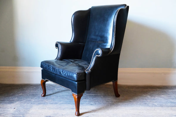 Georgian Black Leather-Upholstered Wingback Armchair