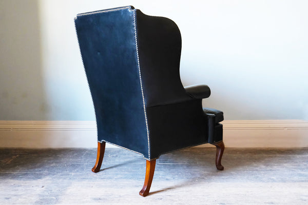 Georgian Black Leather-Upholstered Wingback Armchair