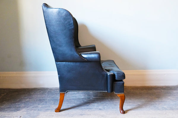 Georgian Black Leather-Upholstered Wingback Armchair