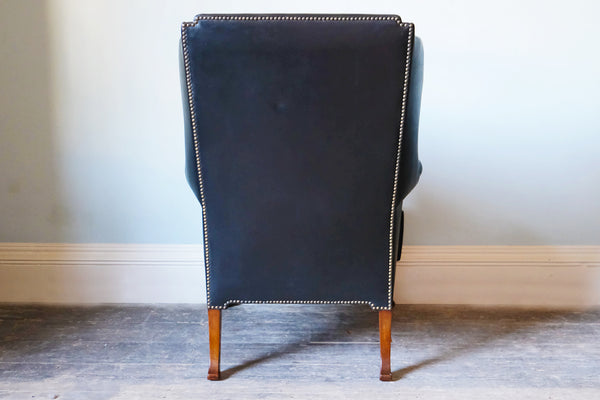 Georgian Black Leather-Upholstered Wingback Armchair