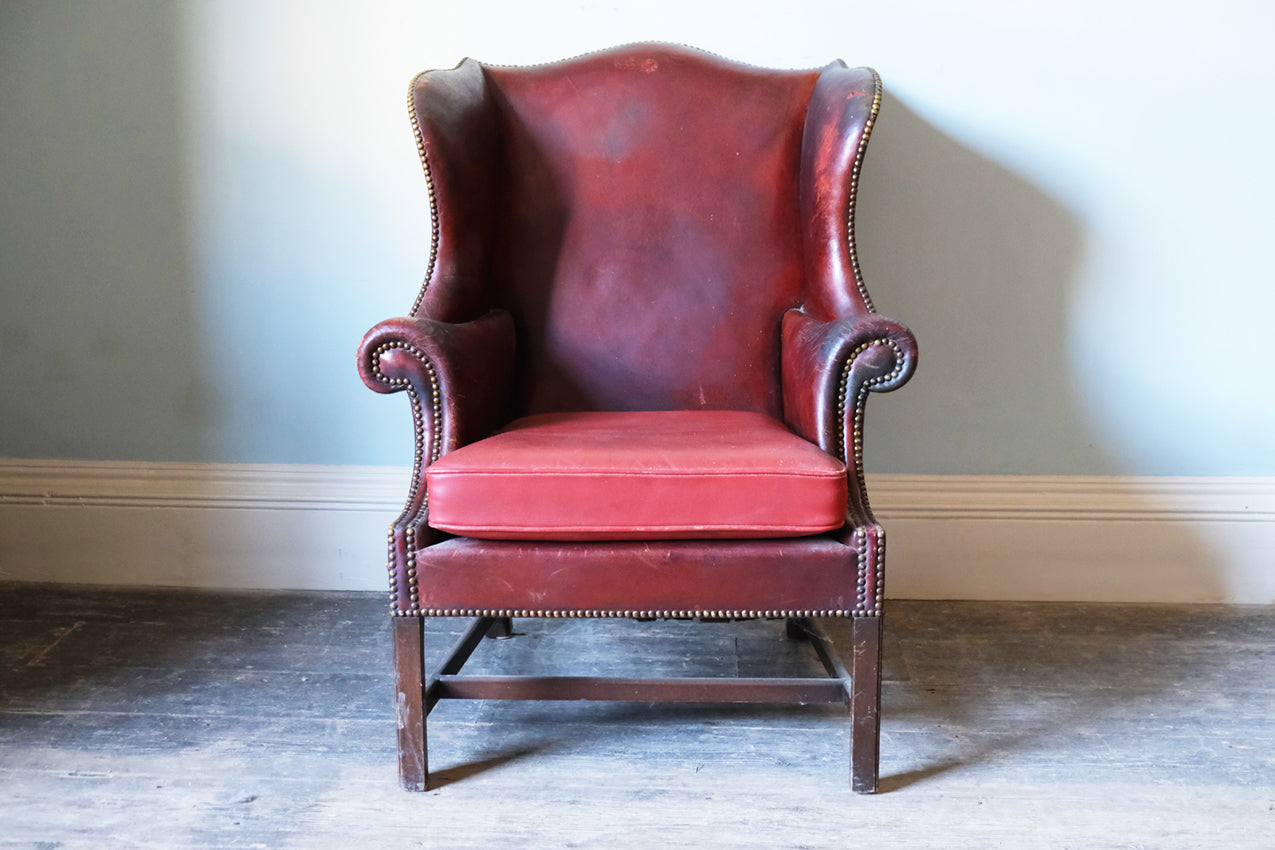 Georgian Red Leather-Upholstered Wingback Armchair