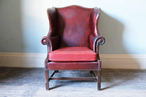 Georgian Red Leather-Upholstered Wingback Armchair