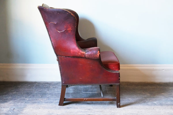 Georgian Red Leather-Upholstered Wingback Armchair