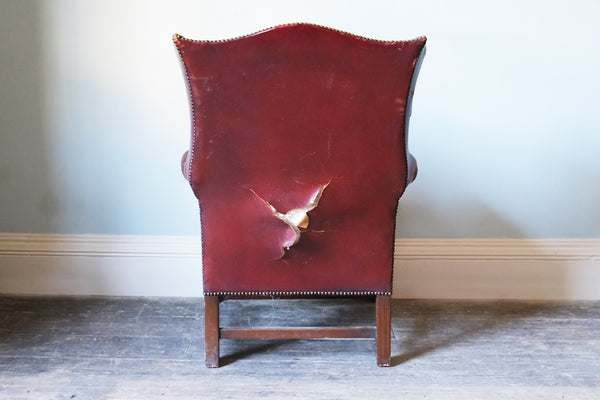 Georgian Red Leather-Upholstered Wingback Armchair