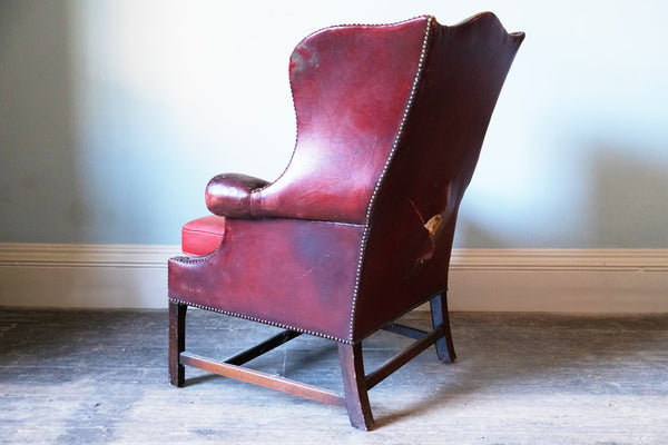 Georgian Red Leather-Upholstered Wingback Armchair