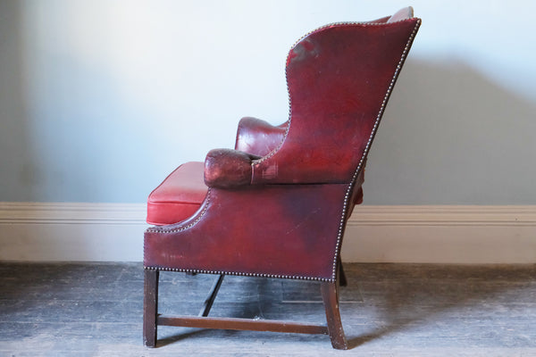 Georgian Red Leather-Upholstered Wingback Armchair